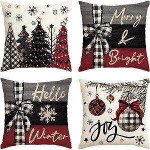 Merry Christmas Joy Xmas Trees Red Throw Pillow Covers, 18 x 18 Inch Christmas